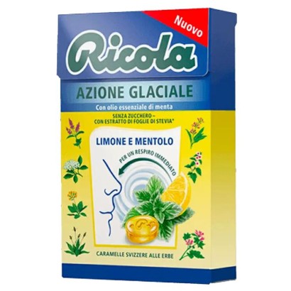 Ricola Azione Glaciale Limone e Mentolo 1 Astuccio da 50 grammi Caramelle Balsamiche Senza Zucchero