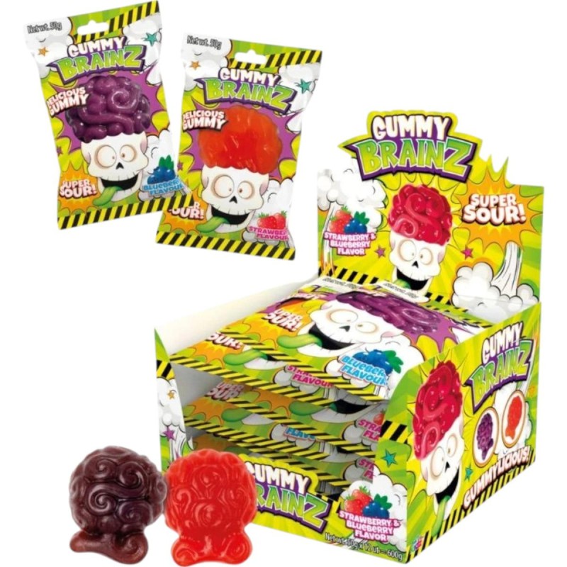 Gummy Brainz Caramelle Super Acide Gusti Mirtillo, Fragola 12 Bustine da 50gr